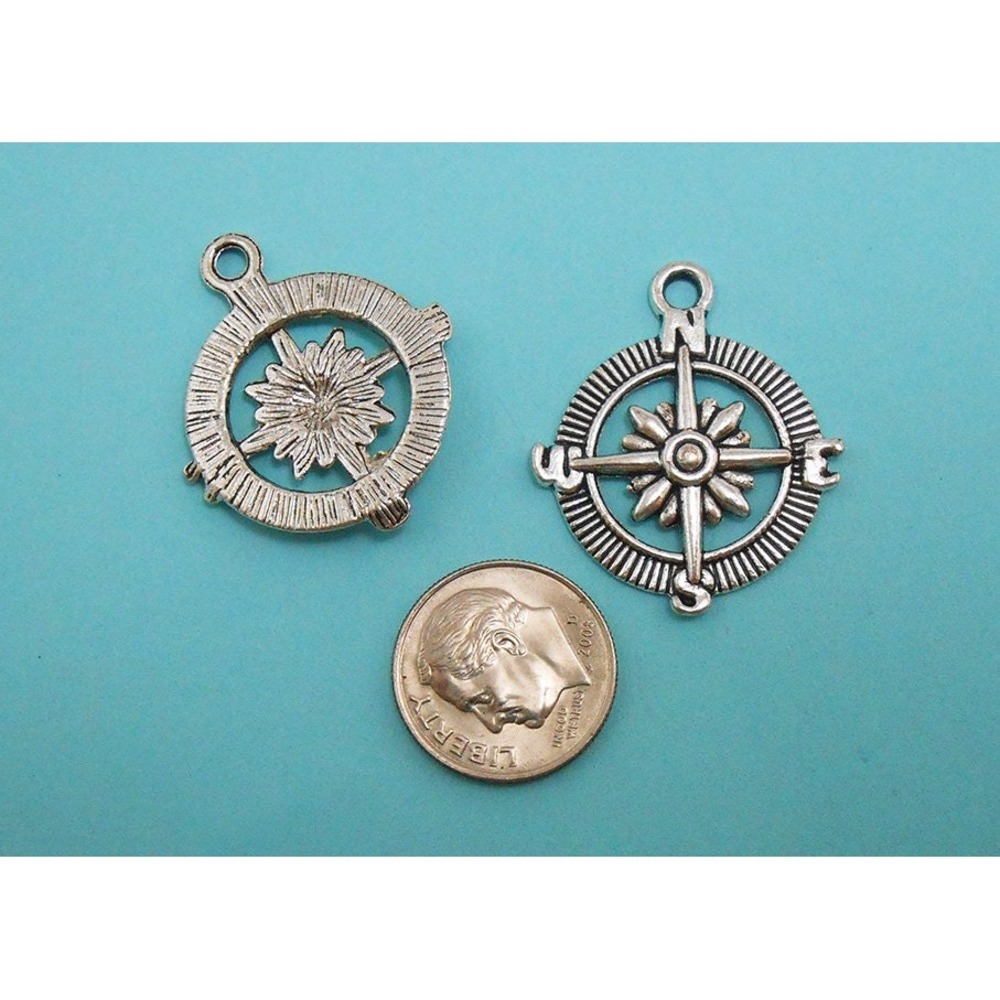 5pcs Compass Charms Silver‎ Tone